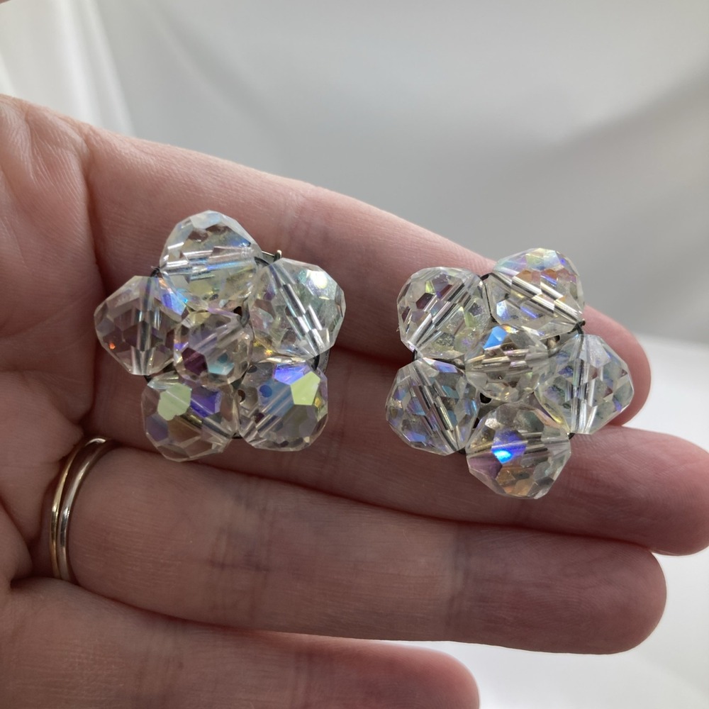 Vtg. 50's Earrings‎ Aurora Borealis AB Crystal Beaded Cluster Round Post Estate